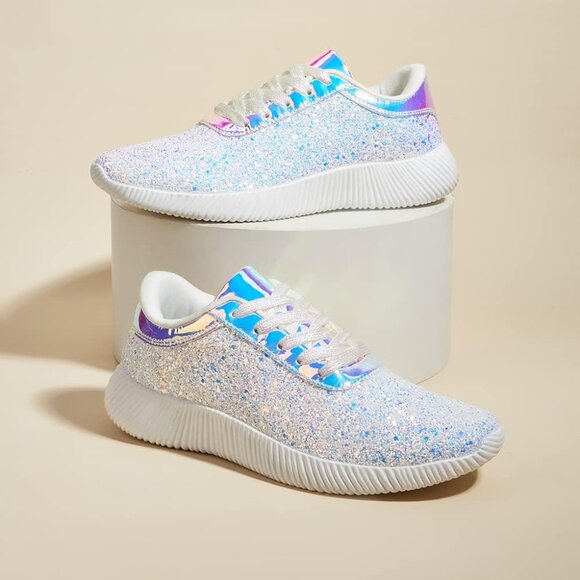 Brand New Women White Rubber LUCKY STEP Glitter Sparkly Metallic Tennis Shoes - Picture 5 of 9